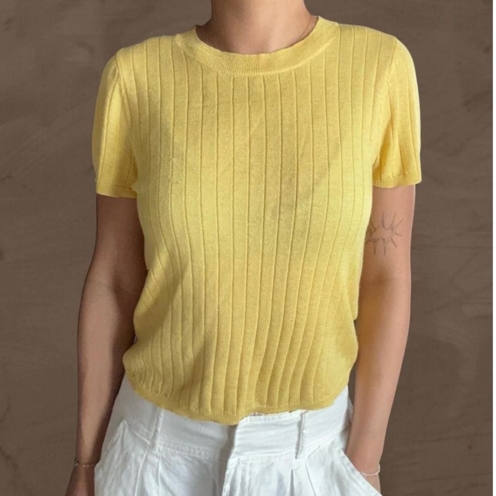 J Crew Lemon Yellow Silk Cashmere Short Sleeve Sweater L Lightweight
